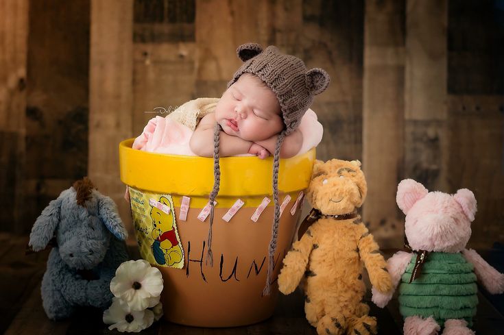 a baby is sleeping in a basket with stuffed animals around it and wearing a hat