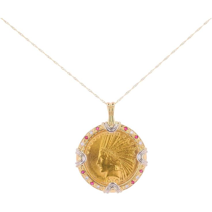 18K Two-Tone Indian Head Coin Pendant with Ruby and Diamond Accents - 0.14 Carat Total Historical Coins, Ruby Birthstone, Indian Head, Heirlooms Jewelry, Luxury Necklace, Historical Jewellery, White Gold Chains, Coin Jewelry, Coin Pendant