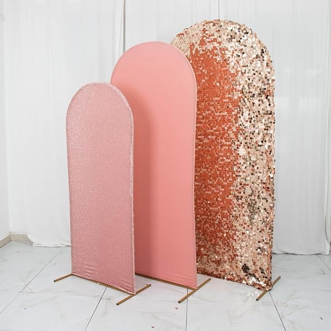 Amazon.com: Efavormart Set of 3 | Blush/Rose Gold Round Top Fitted Photo Backdrop Stand Covers, Big Payette Sequin, Shimmer Tinsel and Matte Spandex Wedding Arch Frame Covers : Home & Kitchen Selfie Studio, Photo Backdrop Stand, Arch Frame, Party Backdrops, Booth Decor, Sequin Backdrop, Gold Backdrop, Events Ideas, Party Deco