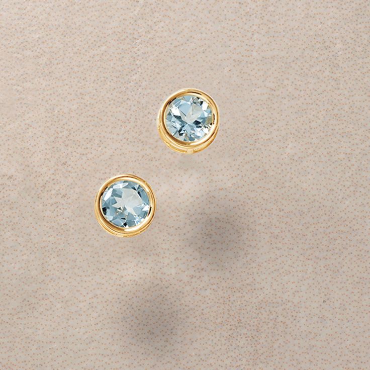 Ross-Simons - 1.00 ct. t. w. Bezel-Set Aquamarine Stud Earrings in 14kt Yellow Gold. Find your little piece of heaven in these divine stud earrings. 1.00 ct. t. w. round aquamarines glint in 14kt yellow gold bezels. Post/clutch, aquamarine stud earrings. Aquamarine birthstones are the perfect gift for March birthdays. March Birthdays, Blue Aquamarine Ring, Aquamarine Color, Emerald Earrings Drop, Aquamarine Birthstone, Aqua Earrings, Aquamarine Studs, Cultured Pearl Bracelet, Sapphire Wedding Band