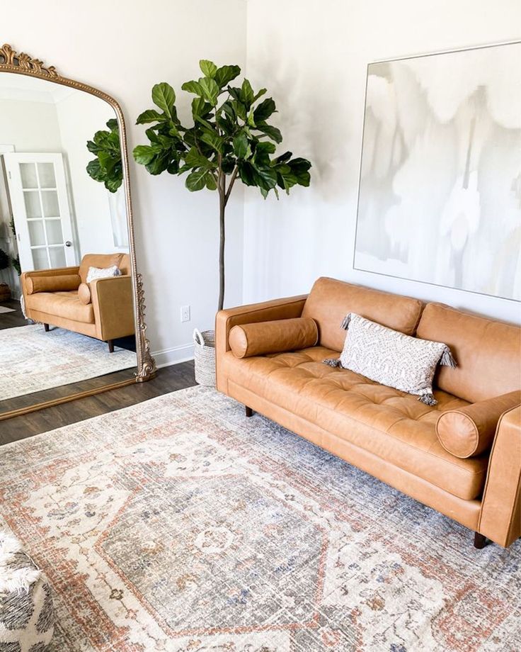 a living room with a couch, mirror and potted plant in the middle of it