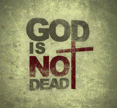 the words god is not dead written in grungy red on a gray background