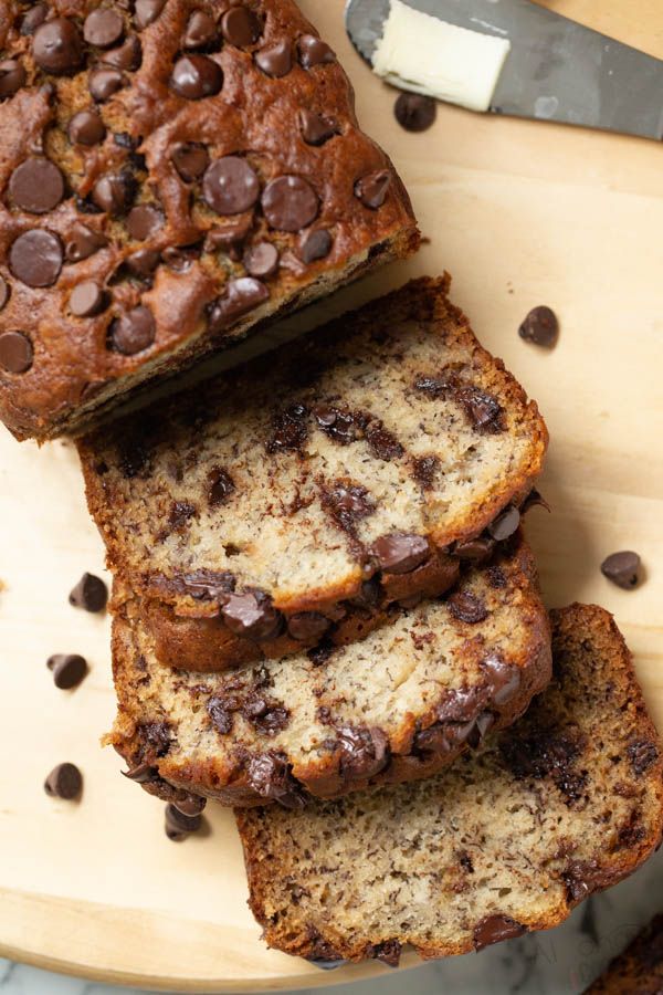 slices of chocolate chip banana bread on a cutting board