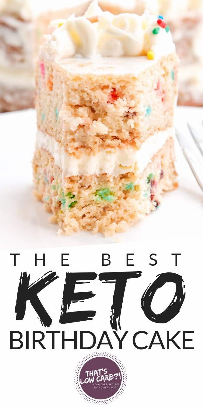 the best keto birthday cake with white frosting and sprinkles on top