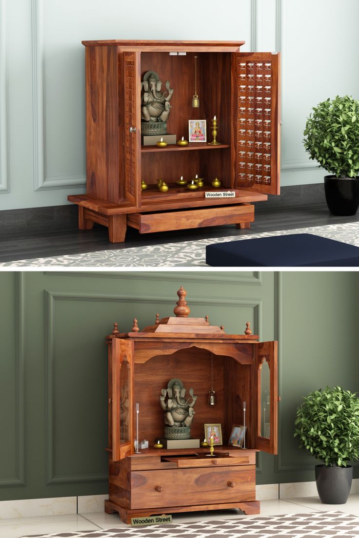 an old wooden cabinet with carvings on the front and back doors, in two different views