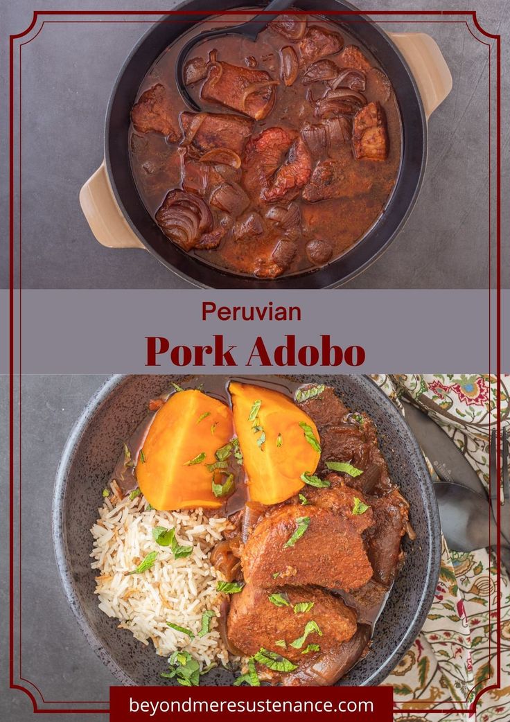 an image of pork adobo with rice and vegetables