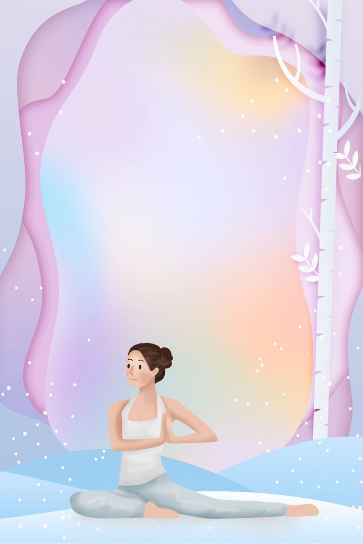 a woman is doing yoga in the snow with trees behind her and an empty space for text