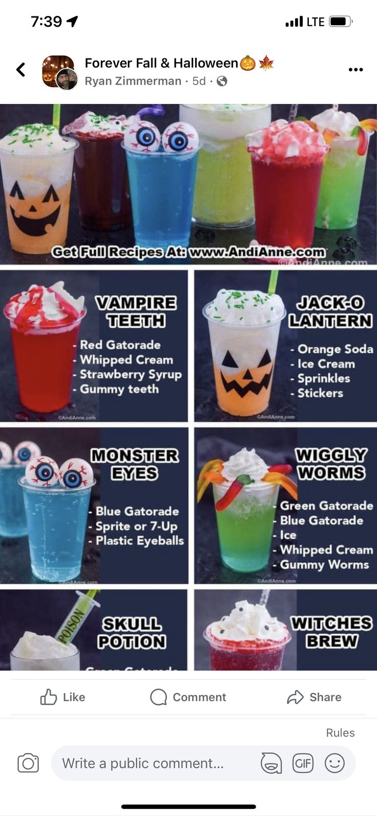 an image of halloween drinks on the app for facebook, with instructions to make them look like