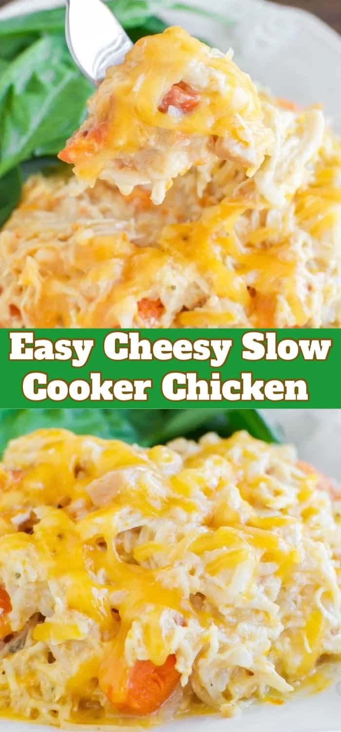 easy cheesy slow cooker chicken casserole on a white plate