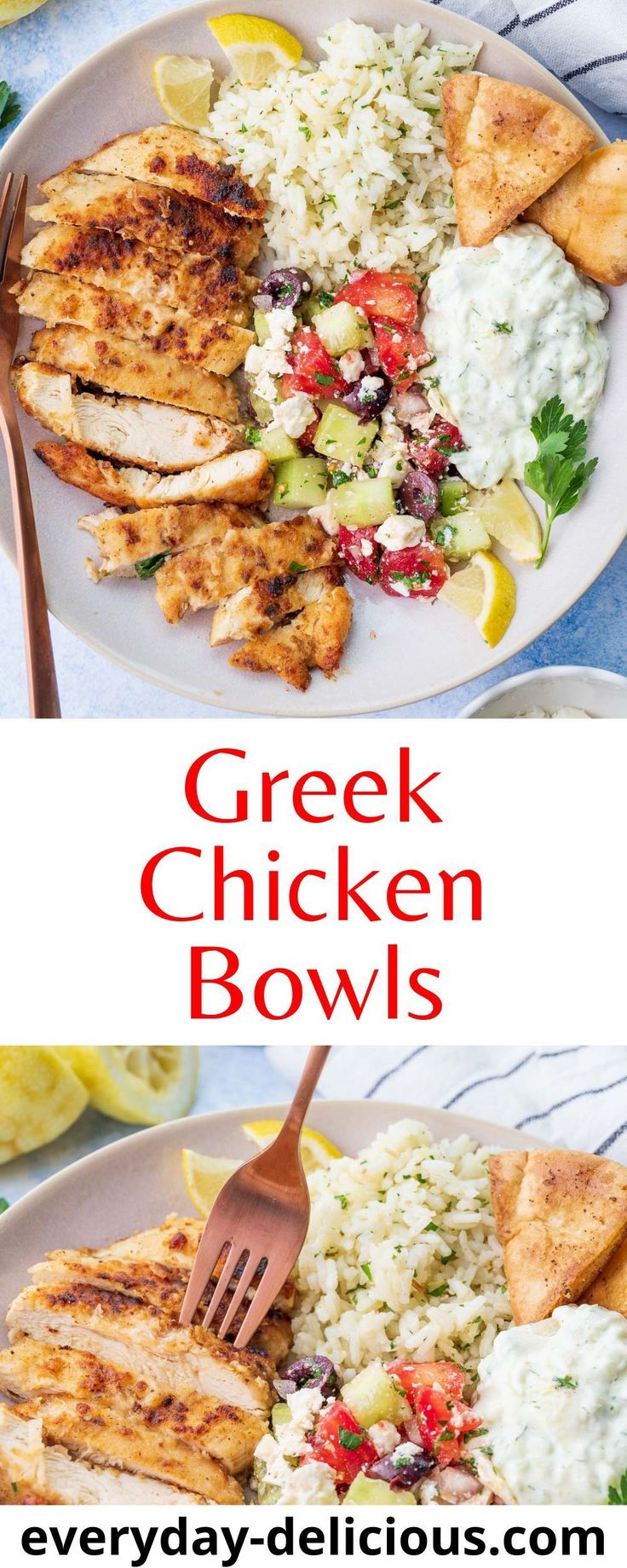 two plates with chicken, rice and vegetables on them next to the words greek chicken bowls