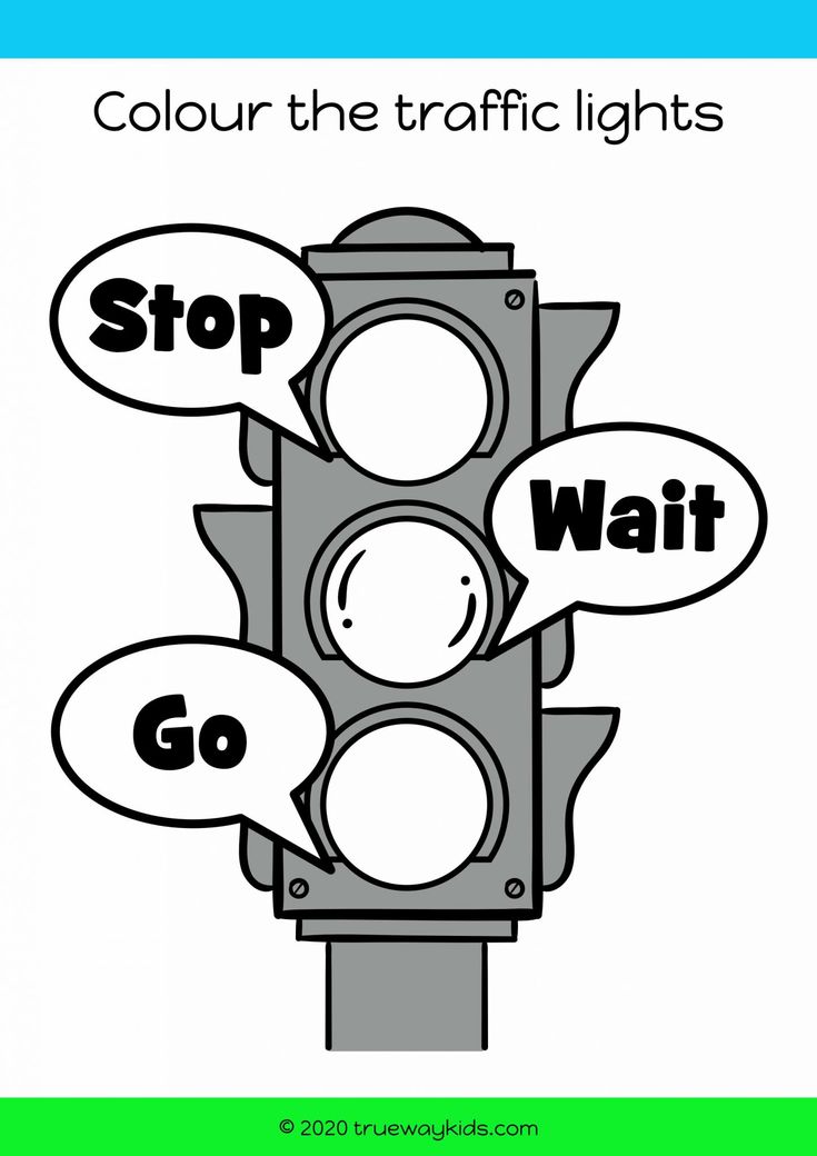 a traffic light with three speech bubbles above it that say stop, wait, go