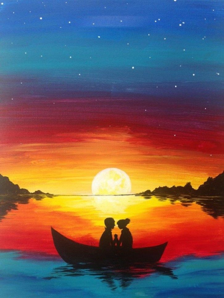 an image of two people in a boat with the sun setting behind them and text that reads, 100 ideas about couple painting on pintert