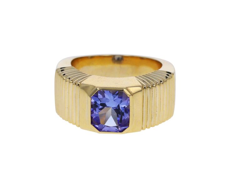 Striking in its intense color and modern design, this Retrouvai ring has a breathtaking presence. The rectangular blue-lavender tanzanite is set vertically and bezel set within the tiered 14K yellow gold polished band. Wear it as a statement making alternative to the traditional cocktail ring. It is a modern classic. tanzanite : 7.5mm x 7mm : 2.41ct14K yellow gold band width : 5mm to 9mmsize available : 6.5please contact us for sizing options Digby And Iona, Rebecca Overmann, Solitaire Bands, Zoe Chicco, Blue Lavender, Gold Polish, Intense Colors, Gold Band, Cocktail Ring