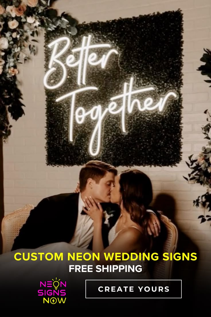 Better together neon sign above bride and groom kissing.  Custom neon wedding signs.  Free shipping.  Create yours at Neon Signs Now. Neon Sign Wedding Backdrop, Wedding Sign Last Name, Blue Green Wedding, Sunflower Wedding Decorations, Black And White Wedding Theme, Dream Wedding Decorations, Mr And Mrs Wedding, Neon Wedding, Theme Color