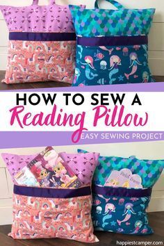 three bags with the words how to sew a reading pillow on them and an image of