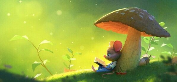 a cartoon character sitting on top of a mushroom next to a book in the grass