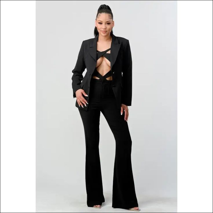 Open Cut Blazer Jumpsuit Set - S / Black - Sets Party Tuxedo Pantsuit With Long Sleeves, Sleek Long Sleeve Pantsuit For Fall, Fall Sleek Long Sleeve Pantsuit, Fall Tuxedo Pantsuit With Long Sleeves, Fitted Suit For Night Out In Spring, Chic Fall Party Suits, Evening Tuxedo Style Long Sleeve Pantsuit, Tailored Long Sleeve Pantsuit For Party, Chic Stretch Blazer For Party