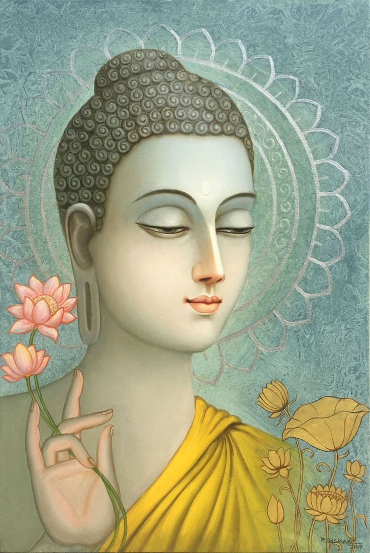 a painting of a buddha holding a flower