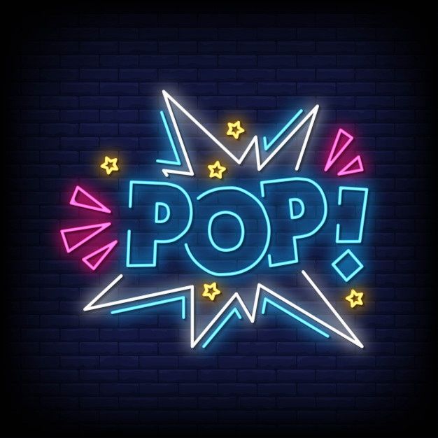 pop neon sign on brick wall with stars and speech bubble in the center, glowing from behind