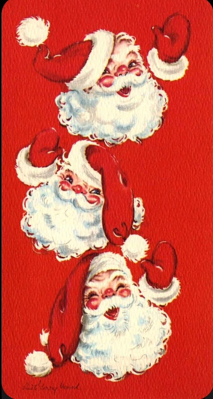 two santa clauss with red noses and white beards on a bright red background