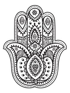 a black and white hamsa with paisley patterns on it's front hand, in the shape of a flower