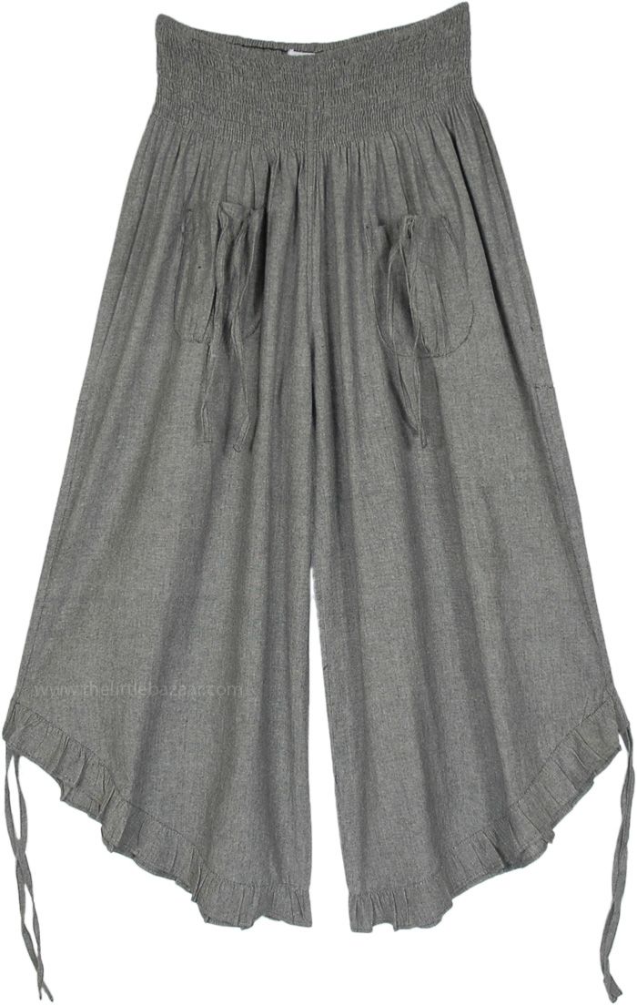 A pair of cropped pants, culottes, featuring a smocked elastic waistband, 2 front tie pockets, and tie ruffle leg opening made from oxford cotton chambray fabric.  The front pockets come with a functional tie-up string that gives it a bohemian look. #tlb #WideLegCulottes #Pocket #vacationclothing #beachwrap #bohemianfashion #GreyCulottePants #CottonCulottes #Widelegpants Casual Cotton Culottes For Spring, Spring Cotton Culottes With Elastic Waistband, Cotton Paperbag Waist Bottoms For Loungewear, Cotton Wide-leg Capris With Pockets, Summer Ruffle Pants With Relaxed Fit, Fall Cotton Capris With Elastic Waistband, Wide-leg Cotton Capris With Pockets, Casual Ruffled Relaxed Fit Pants, Summer Ruffled Relaxed Fit Pants