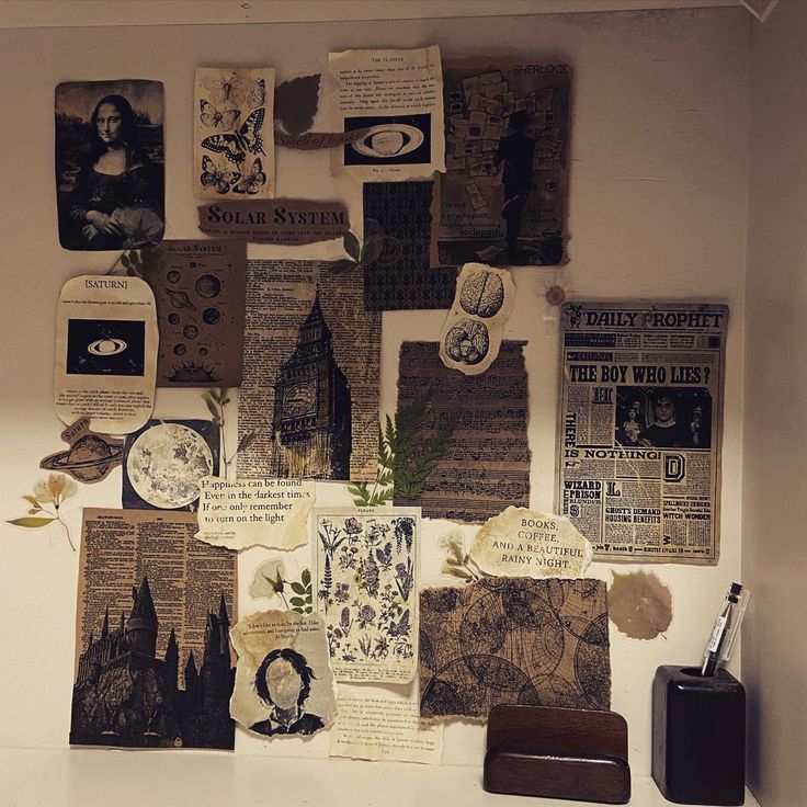 the wall is covered with many different pieces of paper and old photos, including an alarm clock