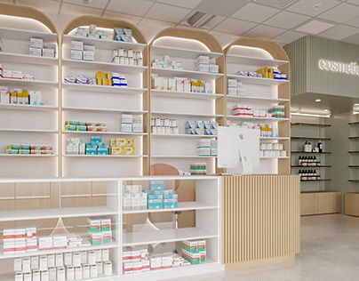 the inside of a pharmacy store with shelves full of medicine