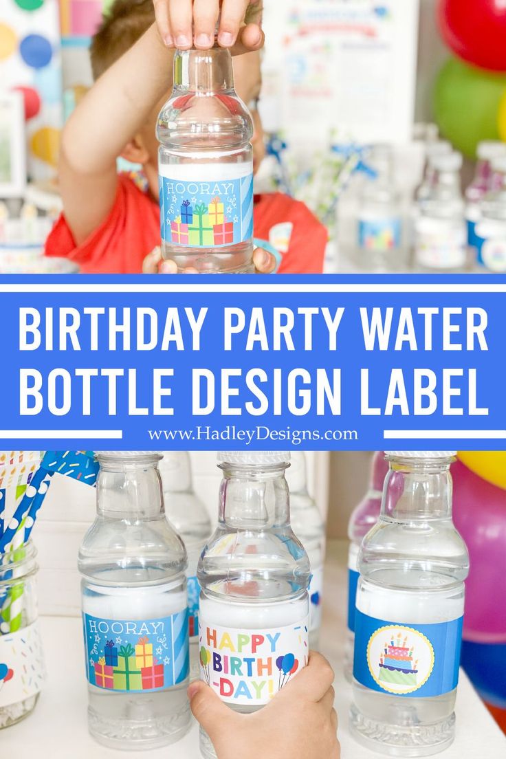 a birthday party water bottle design label is being held by a young boy in front of balloons and streamers