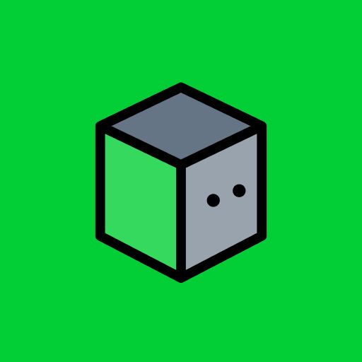 a black and white cube with two eyes on a green background in the style of minimalism