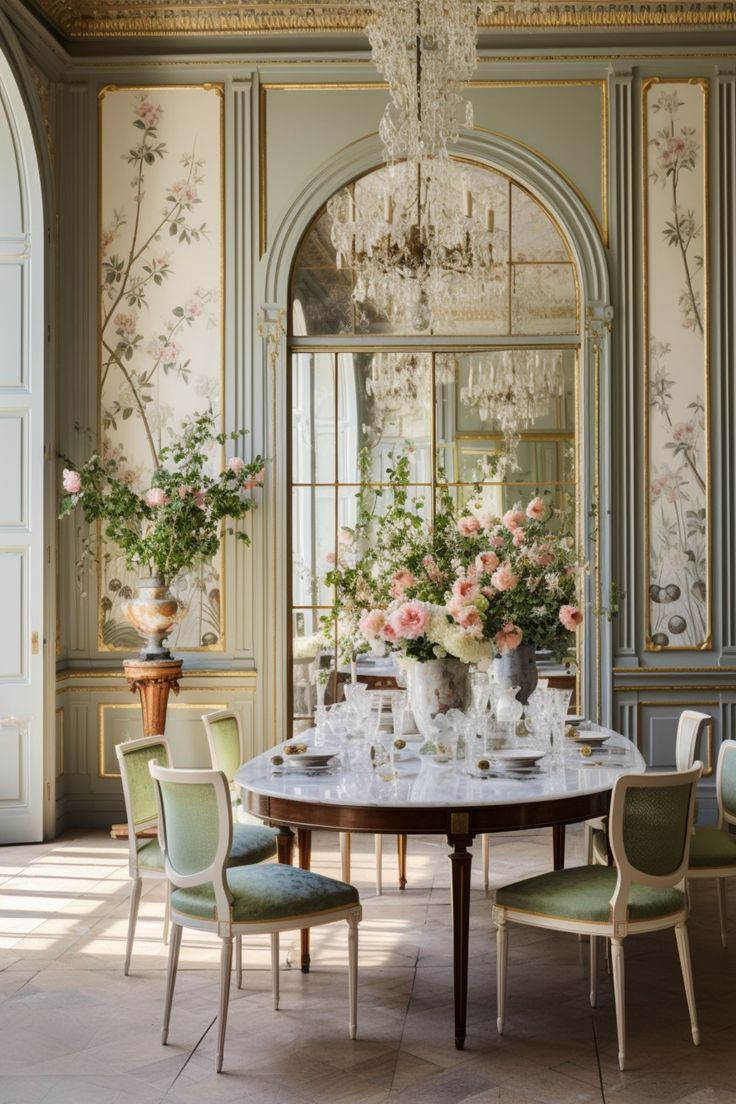 a dining room with floral wallpaper and chandelier hanging from the ceiling over a marble table surrounded by green upholstered chairs