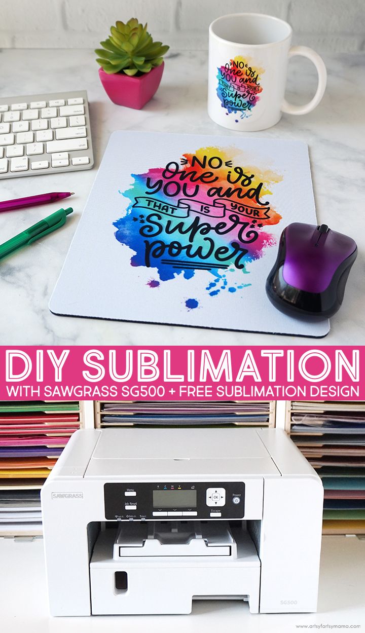 a desk with a printer, mouse and keyboard on it that says diy sublimation