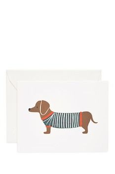 a card with a brown dachshund wearing a sweater on it's chest