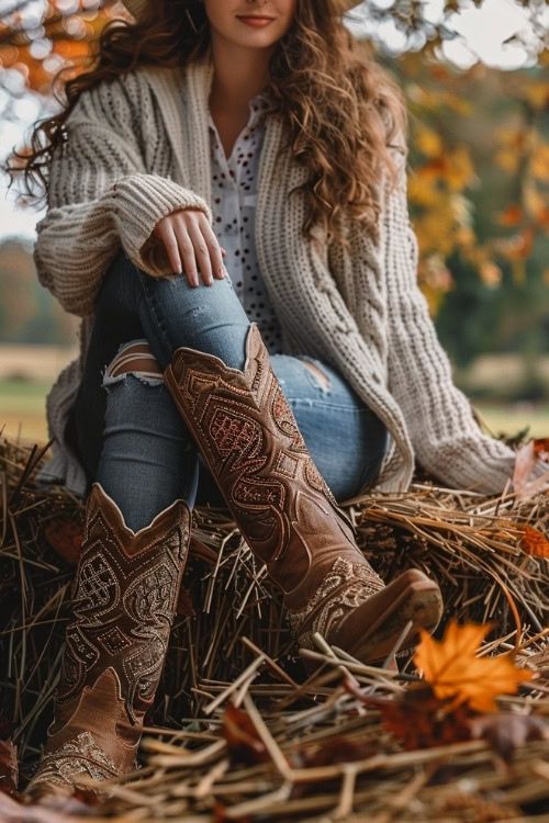 55+ Cowboy Boots and Jeans Outfits for Fall: Classic Styles with a Modern Twist - From The Guest Room Cowboy Boots Christmas Outfit, Christmas Outfit With Cowboy Boots, Cowgirl Style Outfits Fall, Maroon Cowboy Boots Outfit, Cowgirl Modest Outfits, Western Fall Outfits Women, Freebird Boots Outfit, Christmas Outfit Church, Outfit Cowboy Boots