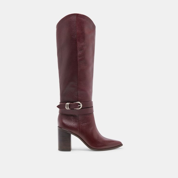 TYRONE BOOTS CRANBERRY LEATHER Casual Calf Leather Pointed Toe Boots, Almond Toe Boots With Buckle Closure For Work, Workwear Boots With Buckle Closure And Almond Toe, Classic Knee-high High Heel Boots With Leather Sole, Formal Padded Heel Boots For Fall, Chic Boots With Stacked Heel And Round Toe, Wide Calf Calf Leather Boots For Formal Wear, Formal Wide Calf Boots In Calf Leather, Luxury Almond Toe Boots For Fall