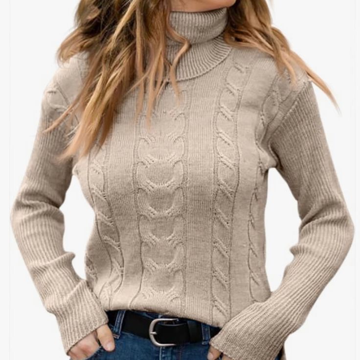 New Women’s Soft Jumper Knit Turtleneck Sweater Features An Oversized Neckline, Cable Knit Detail On Front With A Solid Back, Ribbed Cuffs And Hem And Extra Long Sleeves For An Additional Layer Of Comfort. Length 25” And Bust 36” (Approximate) 51% Viscose, 26% Polyester, 21% Nylon Size Small Color Beige New Without Tags, Never Worn. Beige Soft Knit Turtleneck, Casual Beige Turtleneck, Beige Soft Knit Turtleneck For Fall, Beige Turtleneck Sweater For Layering, Fall Beige Soft Knit Turtleneck, Casual Solid Cable Knit Turtleneck, Casual Solid Color Cable Knit Turtleneck, Casual Taupe Sweater For Fall, Trendy Neutral Winter Sweater