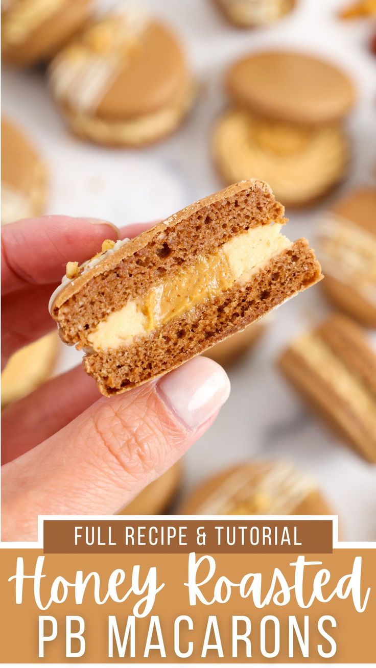 a hand holding a peanut butter sandwich with the words, full recipe & video honey roasted pb macarons