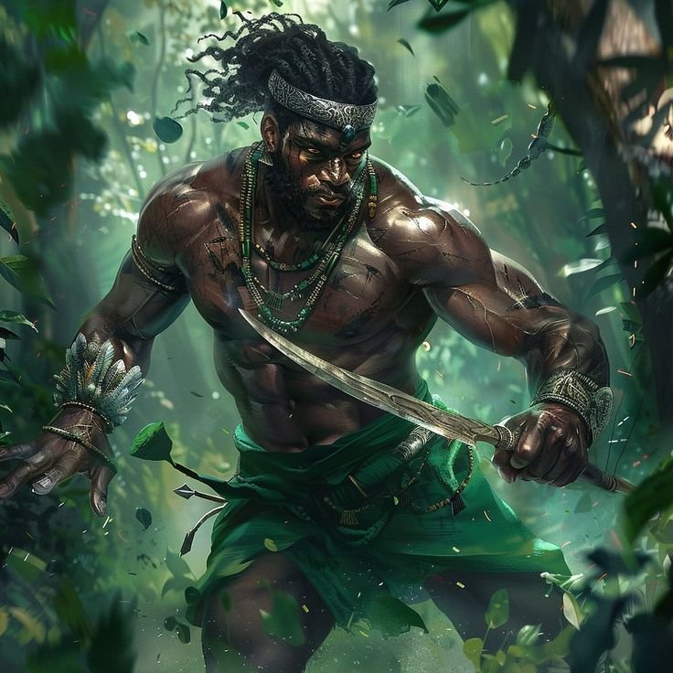 Try this in mid-journey : “a warrior dressed in green, running through the forest with a machete. his skin is dark and he is very muscular . he is adorned with silver crown, bracelets and chains. the image is photo realistic and the forest background is thick. —v 6.0” #aiart #orishas #ogun Ogun Orisha, Warrior Dress, Green Warriors, Orishas Yoruba, Black Power Art, African Tattoo, Power Art, Alien Artwork, Black Royalty