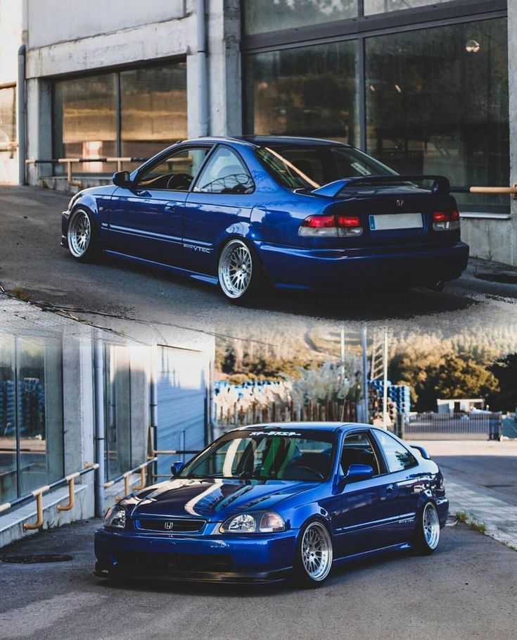 two pictures of a blue car parked in front of a building