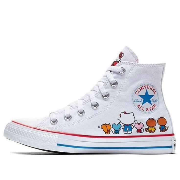 These limited-edition Hello Kitty Chuck Taylors are the perfect way to show your love for everyone’s favorite Japanese cartoon character. These shoes feature bright colors and playful designs, with Hello Kitty herself appearing on the tongue and insole branding. The phrase ‘Say hello to me when you see me’ is also printed on the midsole, adding an extra touch of whimsy. Hello Kitty Sneakers & Athletic Shoes, Sanrio Clothes, Japanese Cartoon Characters, Hello Kitty Shoes, White Canvas Shoes, Hello Kitty Clothes, Trendy Shoes Sneakers, All Stars Converse, Hello Kitty Items