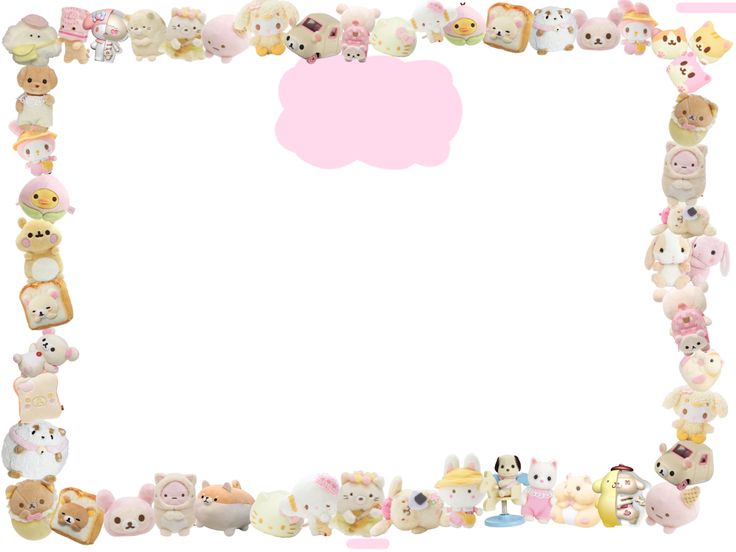 a frame made up of stuffed animals with a pink cloud in the middle and white background