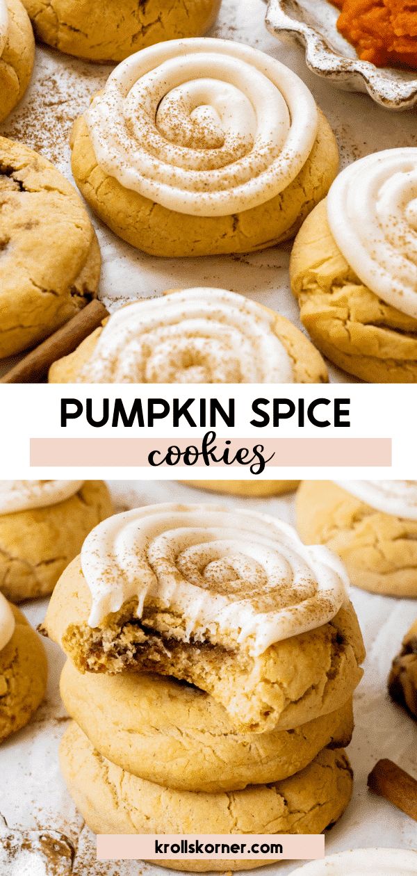 pumpkin spice cookies are stacked on top of each other with cinnamon rolls in the background