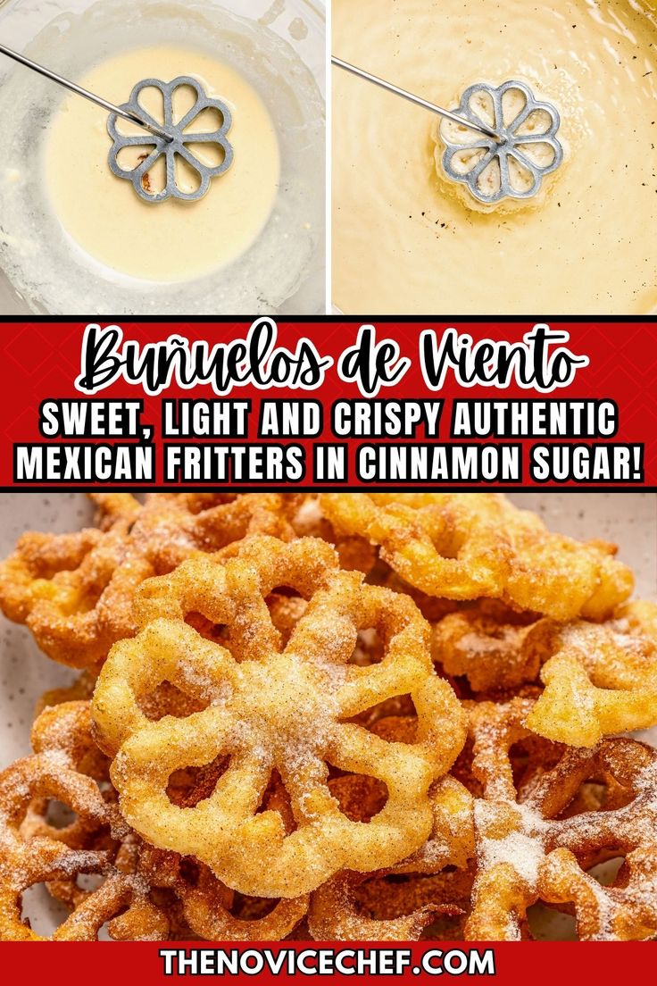 the ingredients for mexican fritters in cinnamon sugar are shown with text overlay