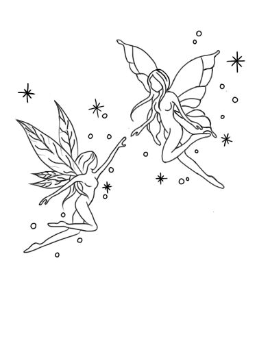 two fairy tinkerbells flying through the air with stars in the sky behind them