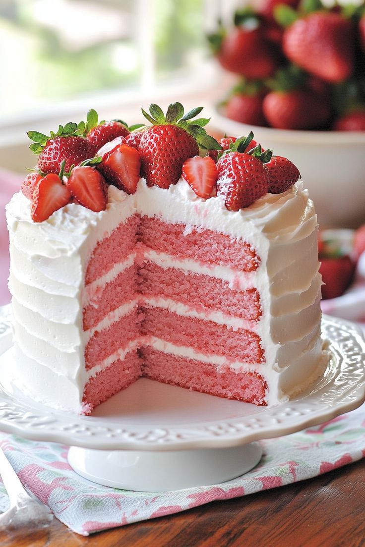 a strawberry layer cake with white frosting and strawberries on top, sitting on a plate