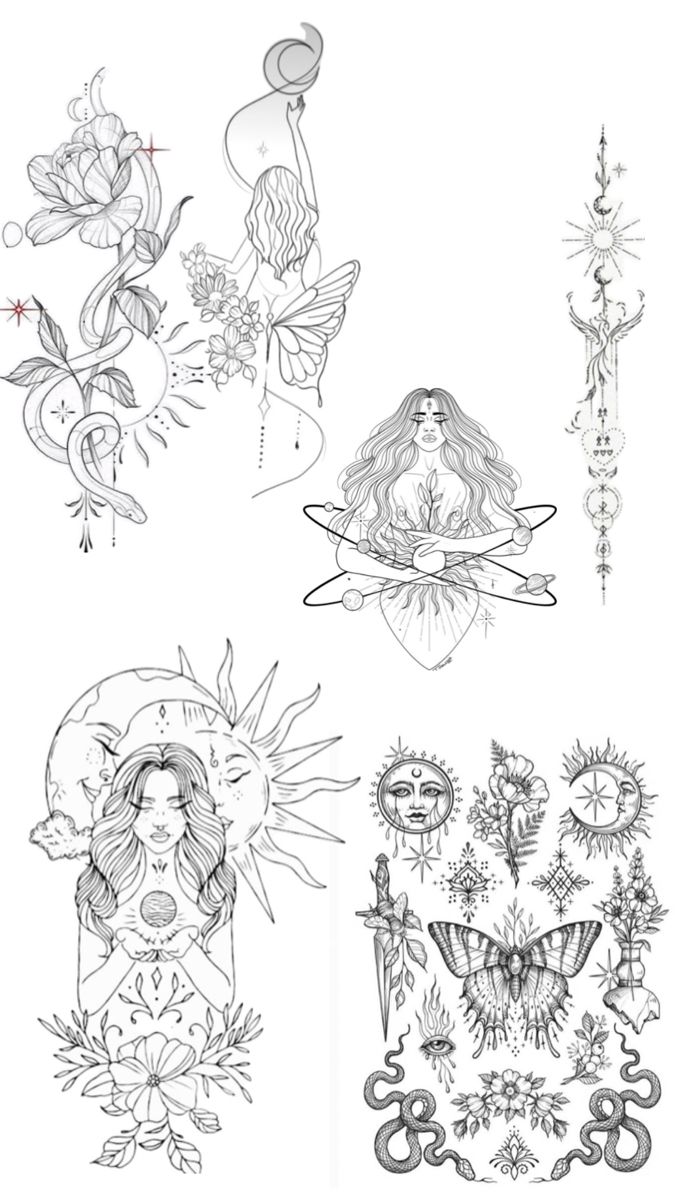 four different tattoos that are drawn in black and white, each with an image of a woman