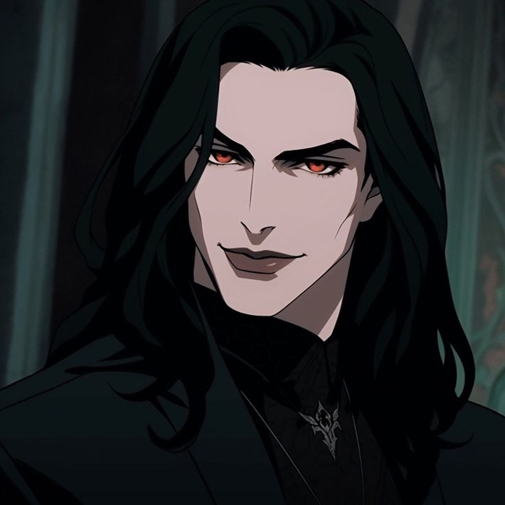 an evil man with long black hair and red eyes