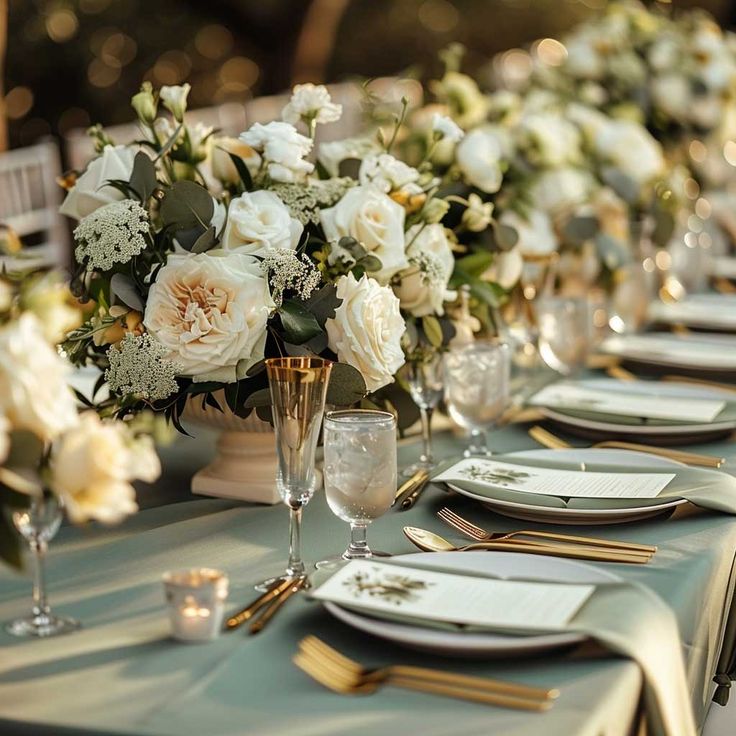 the table is set with white flowers and gold place settings