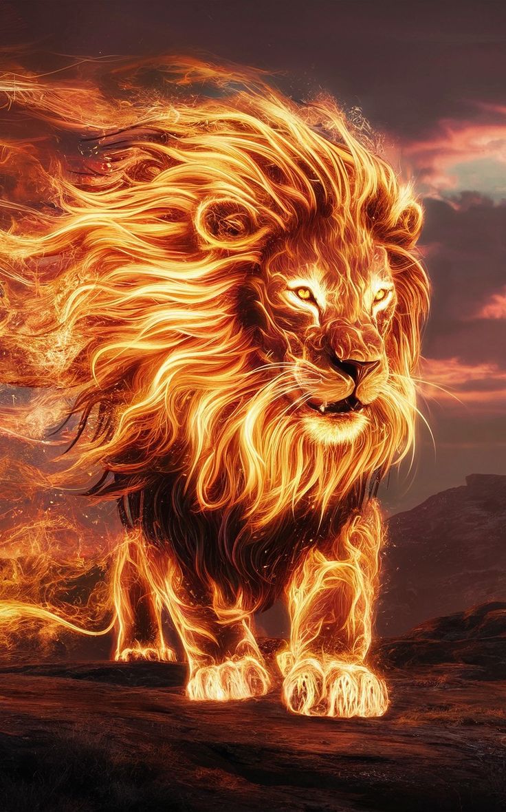 a lion with long hair standing in front of a fire filled sky and mountain range