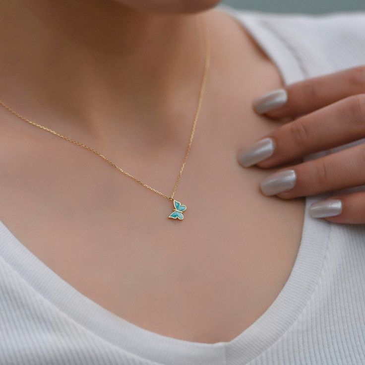 "\"Blue Butterfly Necklace | 14k Gold Minimal Blue Enamel Butterfly Pendant | Dainty Butterfly Charm with Elegant Design | Gift for Her\" Many cultures equate our souls with a butterfly. The Christian faith views the butterfly as a resurrection sign. People around the world view the butterfly as reflecting resilience, transformation, hope, and life. The butterfly, there is no doubt, has essential meanings for us. Elegant style with a powerful meaning create perfect gift for your loved ones, fami Blue Dainty Jewelry For Birthday Gift, Dainty Blue Jewelry For Birthday Gift, Blue Enamel Necklace For Anniversary, 14k Gold Butterfly Necklace, Blue Butterfly Necklace, Dainty Butterfly, Butterfly Necklace Gold, Butterfly Bracelet, Enamel Necklaces